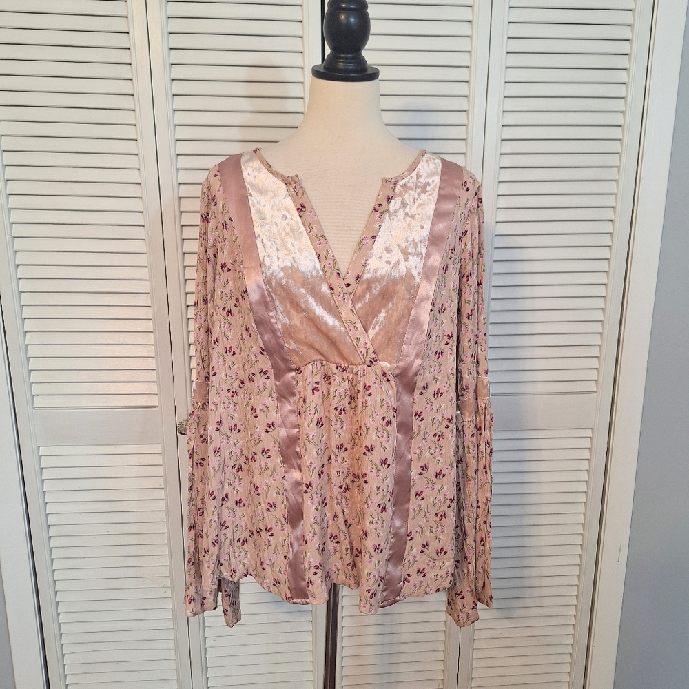 Wonderly pink floral velvet satin boho top 1X NWT *M1